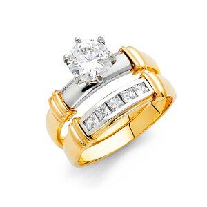 New 2pc set 14k Yellow Gold Engagement Ring with Wedding Band
